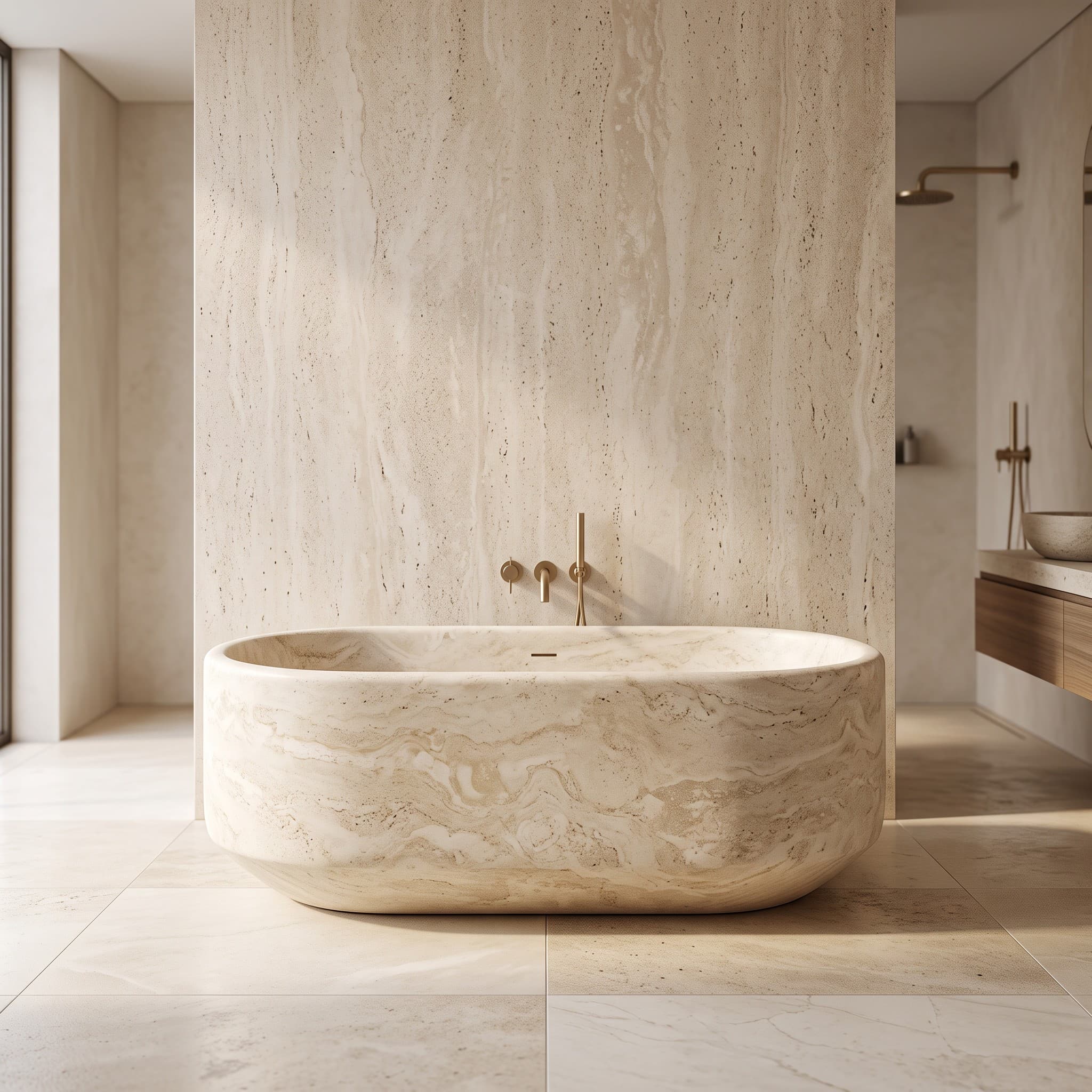 Monolithic travertine oval bathtub in a travertine-clad bathroom